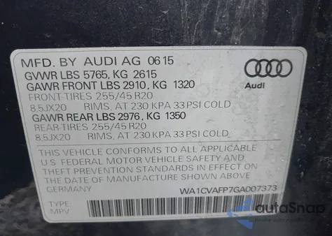2016 Audi Q5 3.0 Tdi Premium Plus from USA, damaged, VIN WA1CVAFP7GA007373